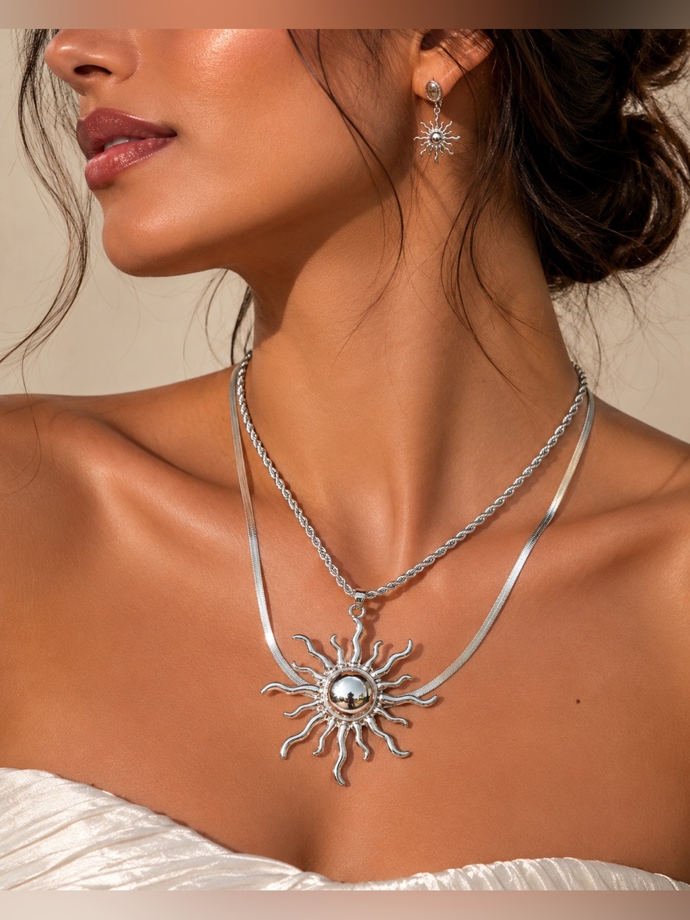 Silver Sunburst Pendant Necklace - Silver